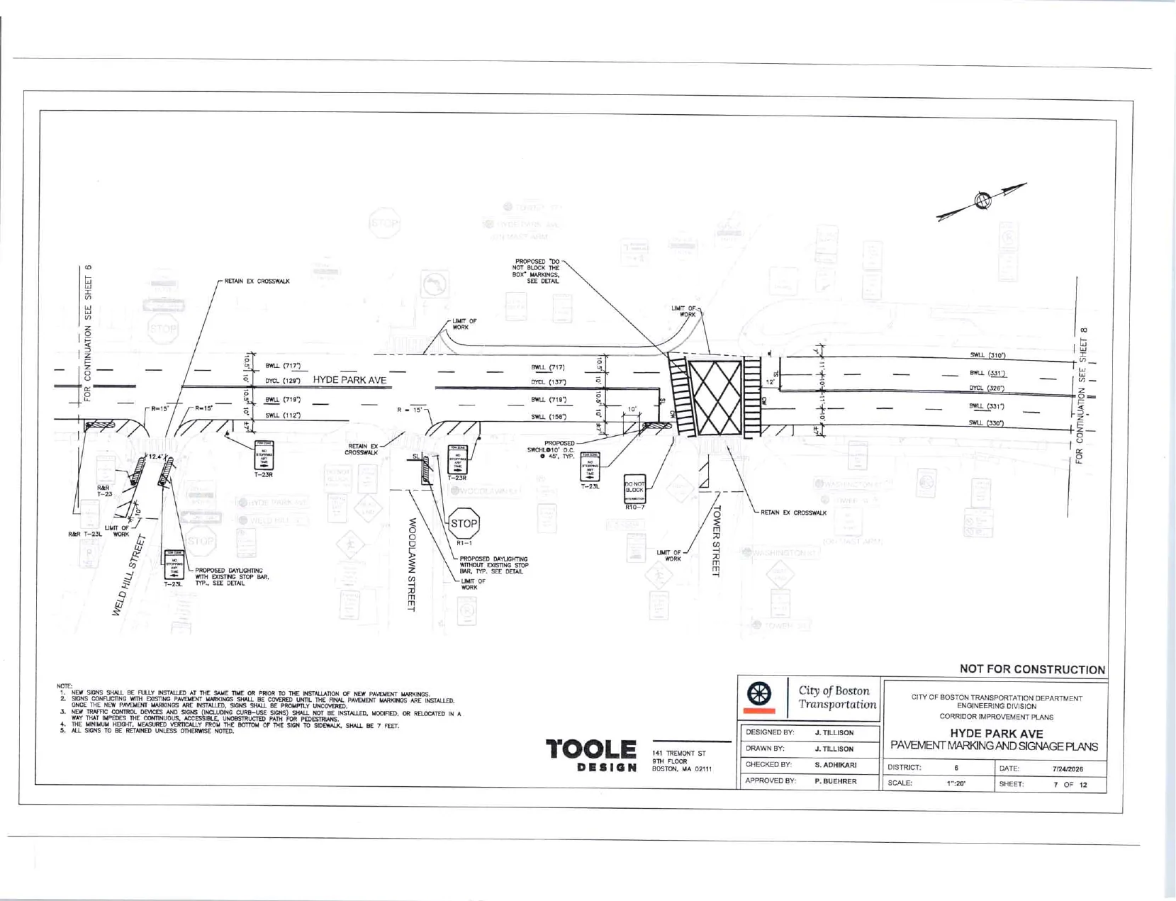August 2026 City of Boston Hyde Park Avenue pavement marking and signage plan near Weld Hill, Woodlawn, and Tower Streets