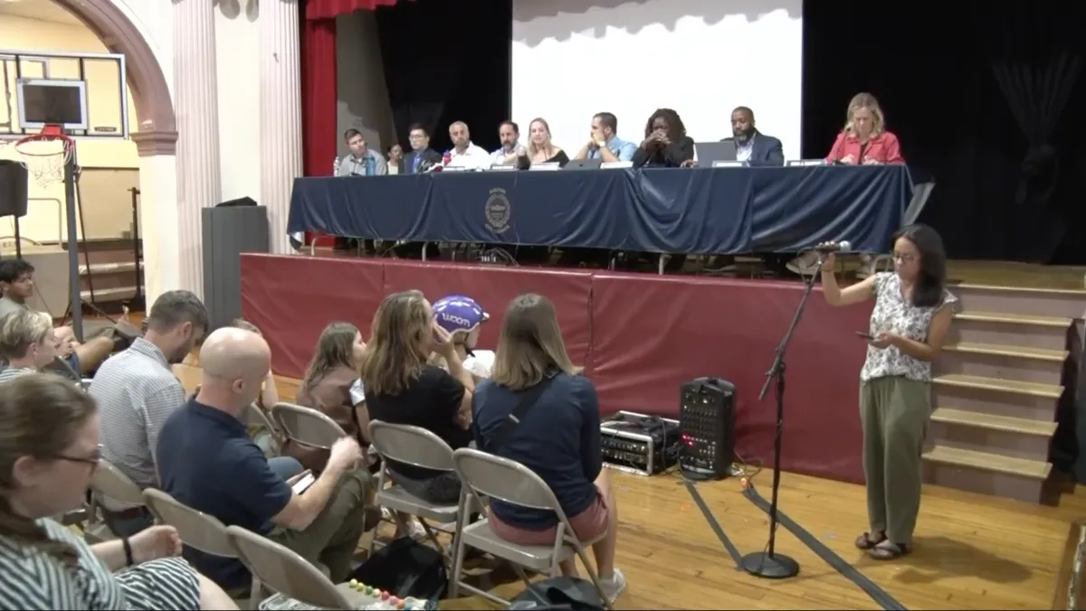 Boston City Councilors and officials seated onstage during the fall 2025 Hyde Park Avenue safety hearing