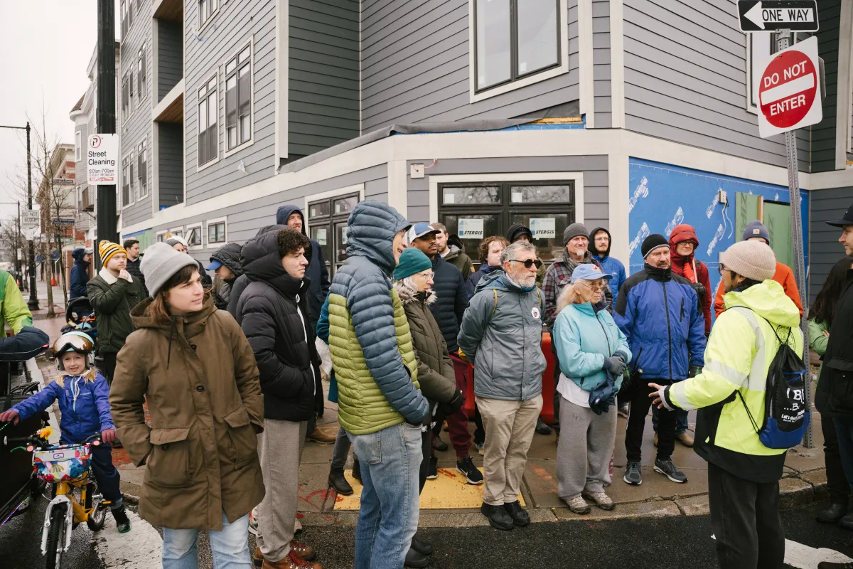 Forest Hills residents gathered on a corner during the April 2025 Hyde Park Avenue safety walk