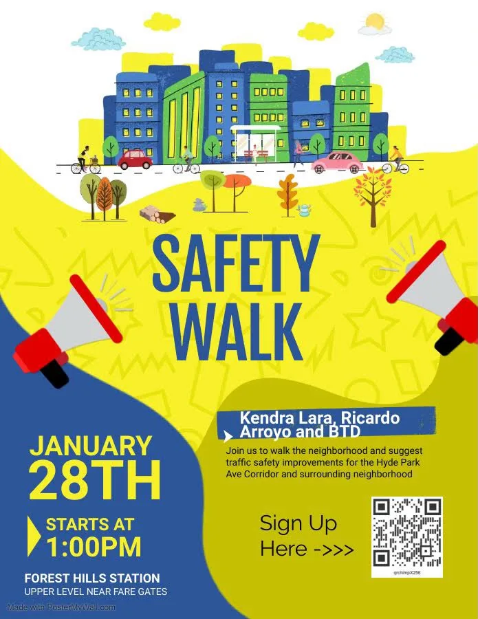 Poster for a January 28 Hyde Park Avenue safety walk beginning at Forest Hills Station
